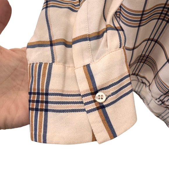 Maje Plaid Long Sleeve Button Down Shirt Blue Tan Size 3/Large - Picture 8 of 14